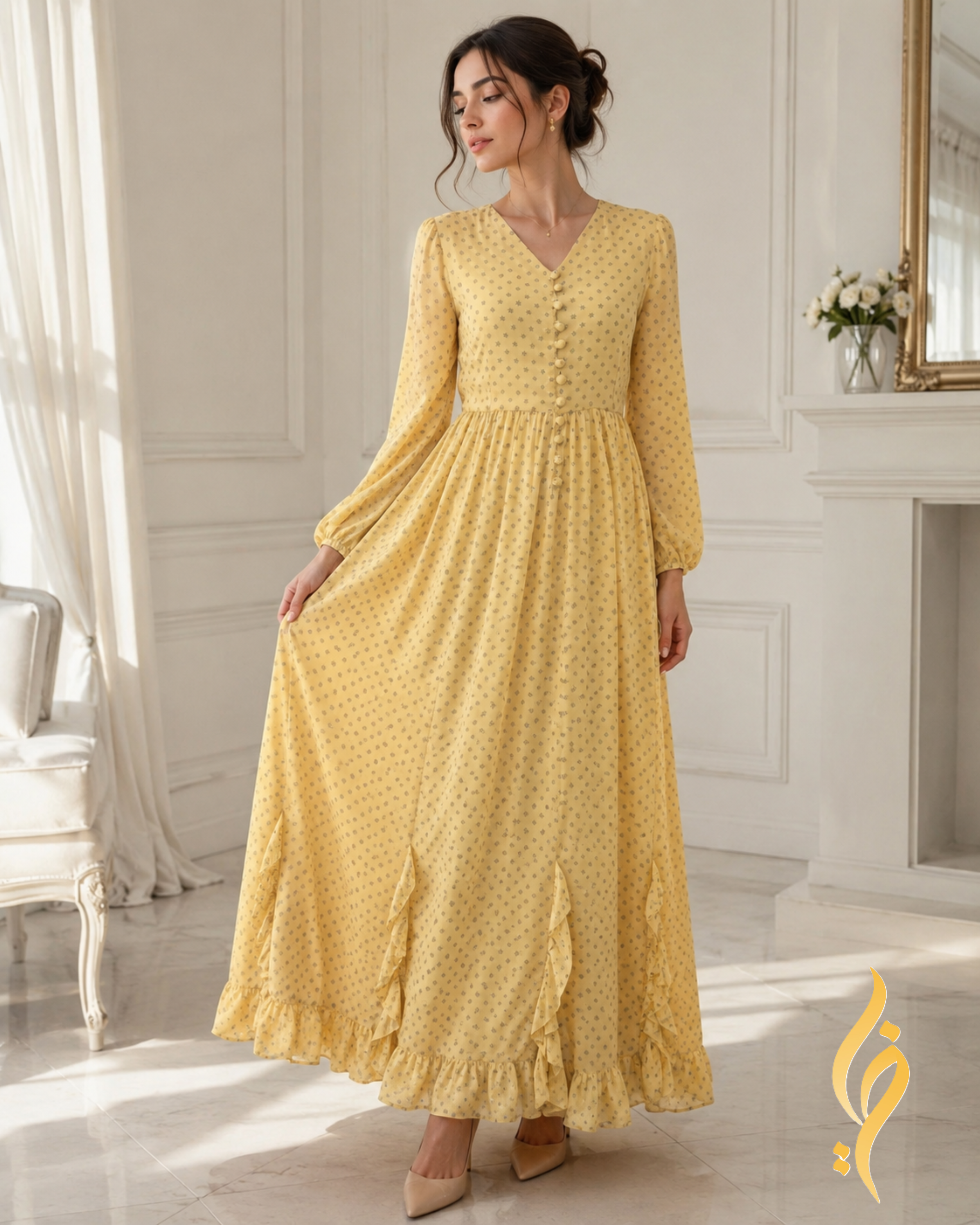 Butter Yellow Floral Chiffon Ruffle Maxi Dress