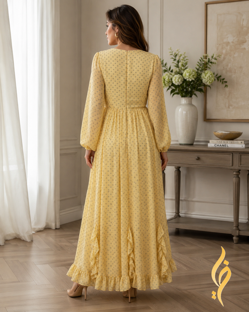 Butter Yellow Floral Chiffon Ruffle Maxi Dress