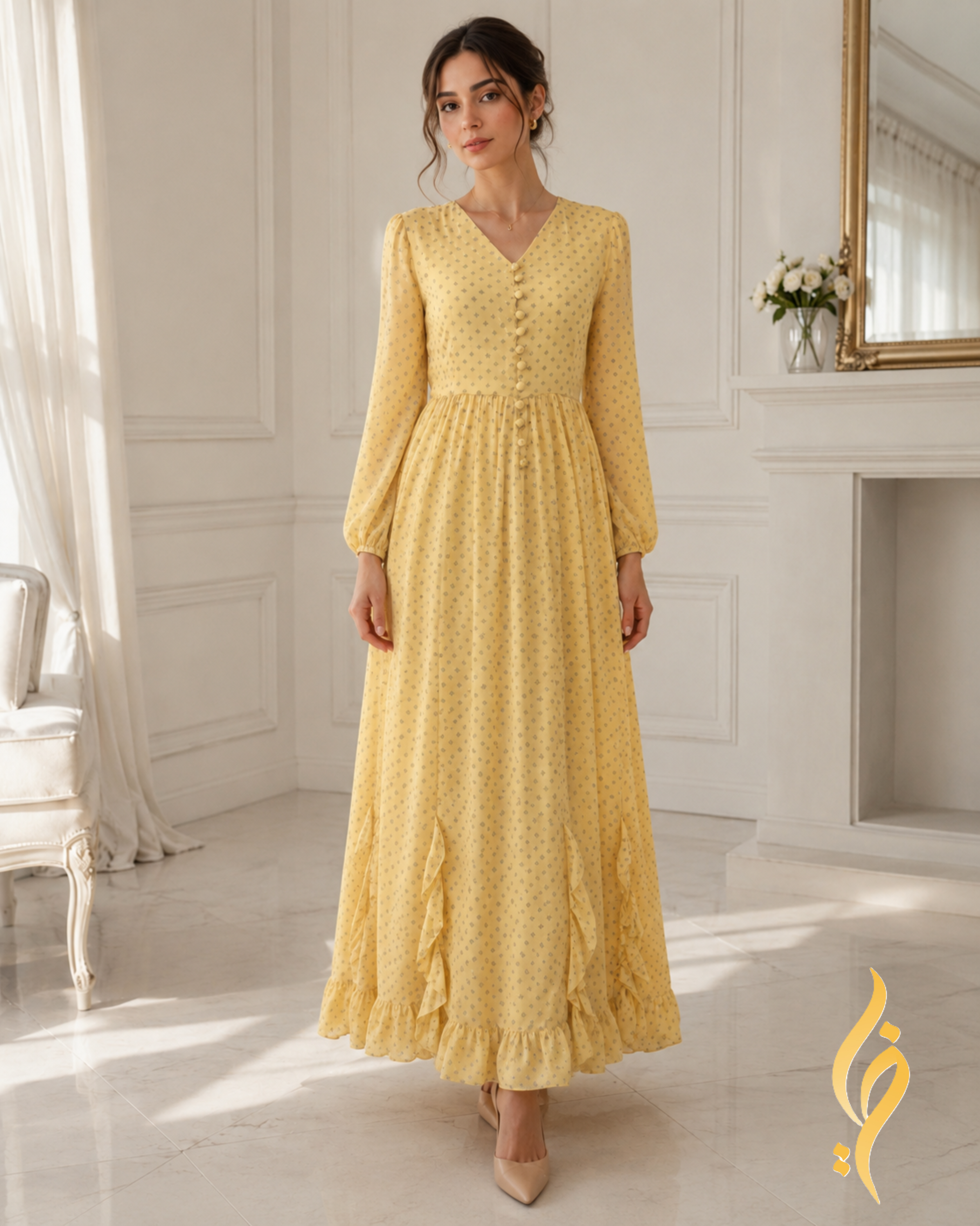 Butter Yellow Floral Chiffon Ruffle Maxi Dress