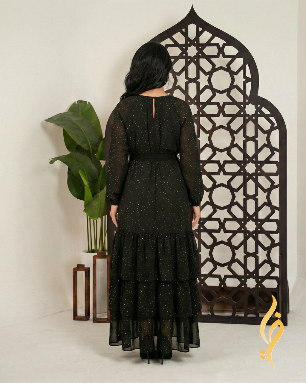 Gold Star Print Tiered Chiffon Maxi Dress
