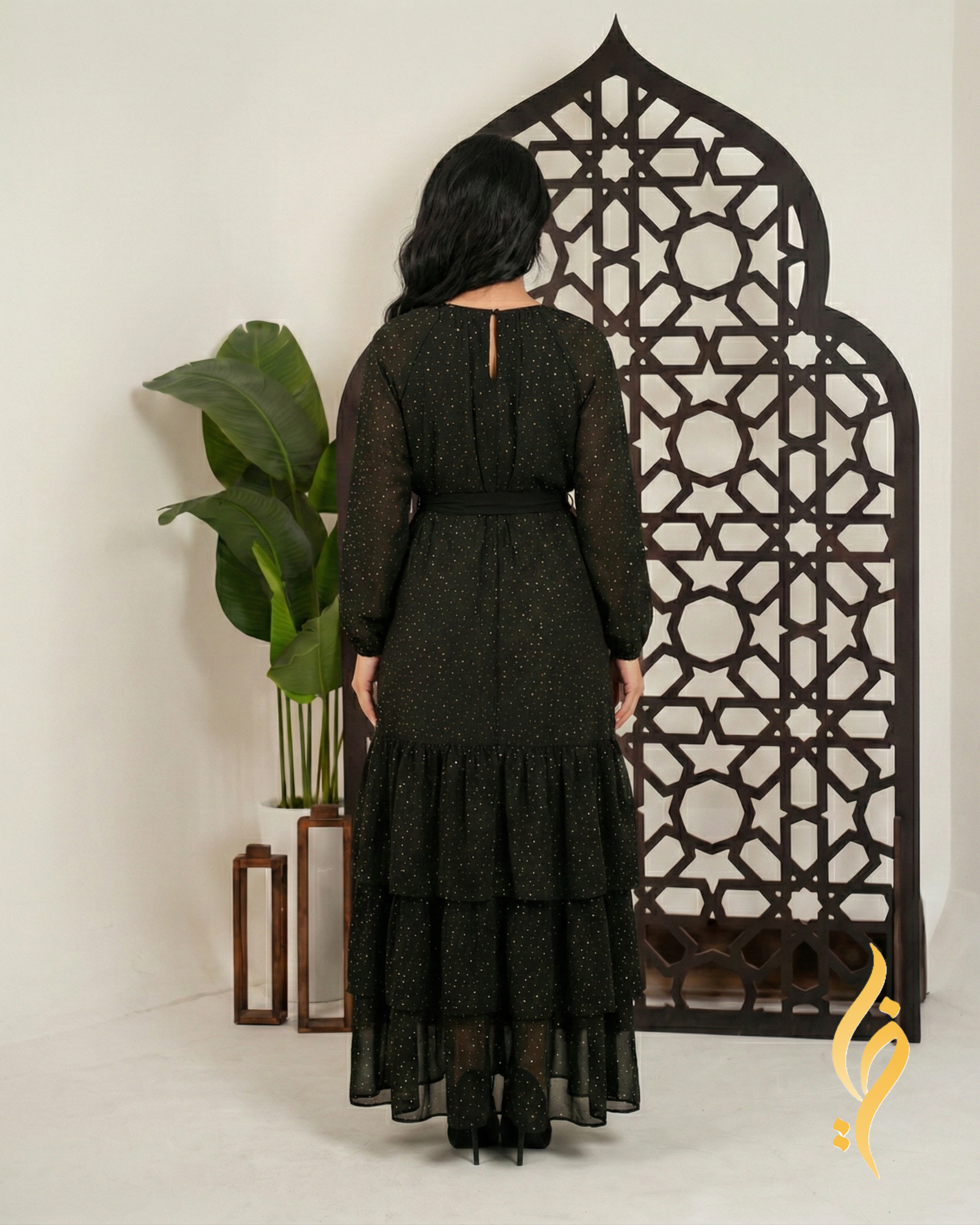 Gold Star Print Tiered Chiffon Maxi Dress