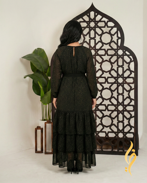 Gold Star Print Tiered Chiffon Maxi Dress