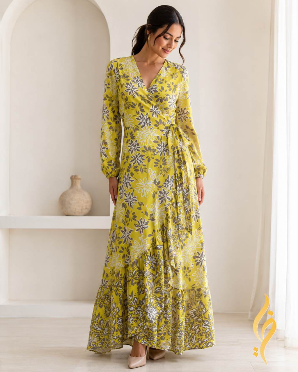 Citrine Floral Viscose Wrap Maxi Dress