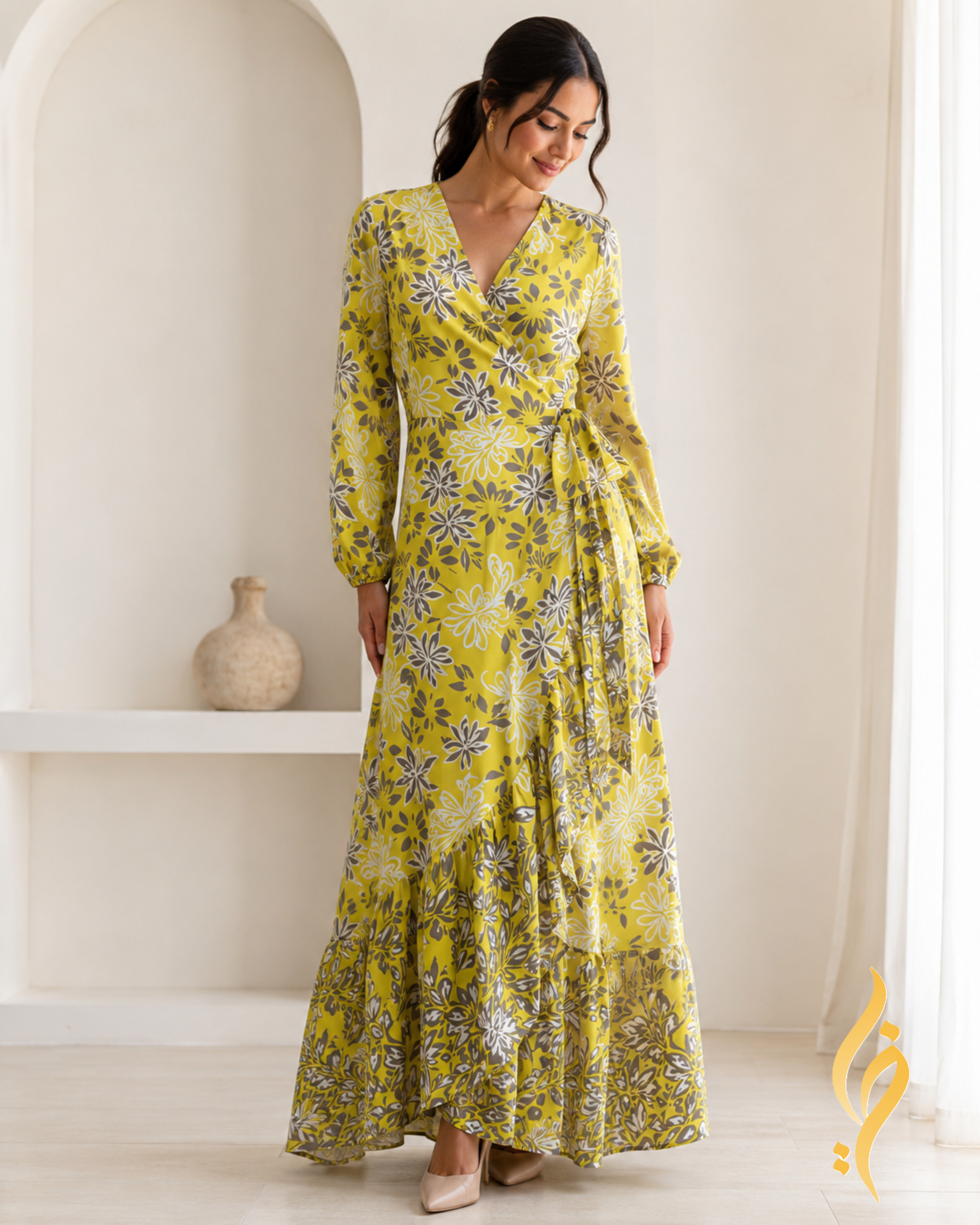Citrine Floral Viscose Wrap Maxi Dress