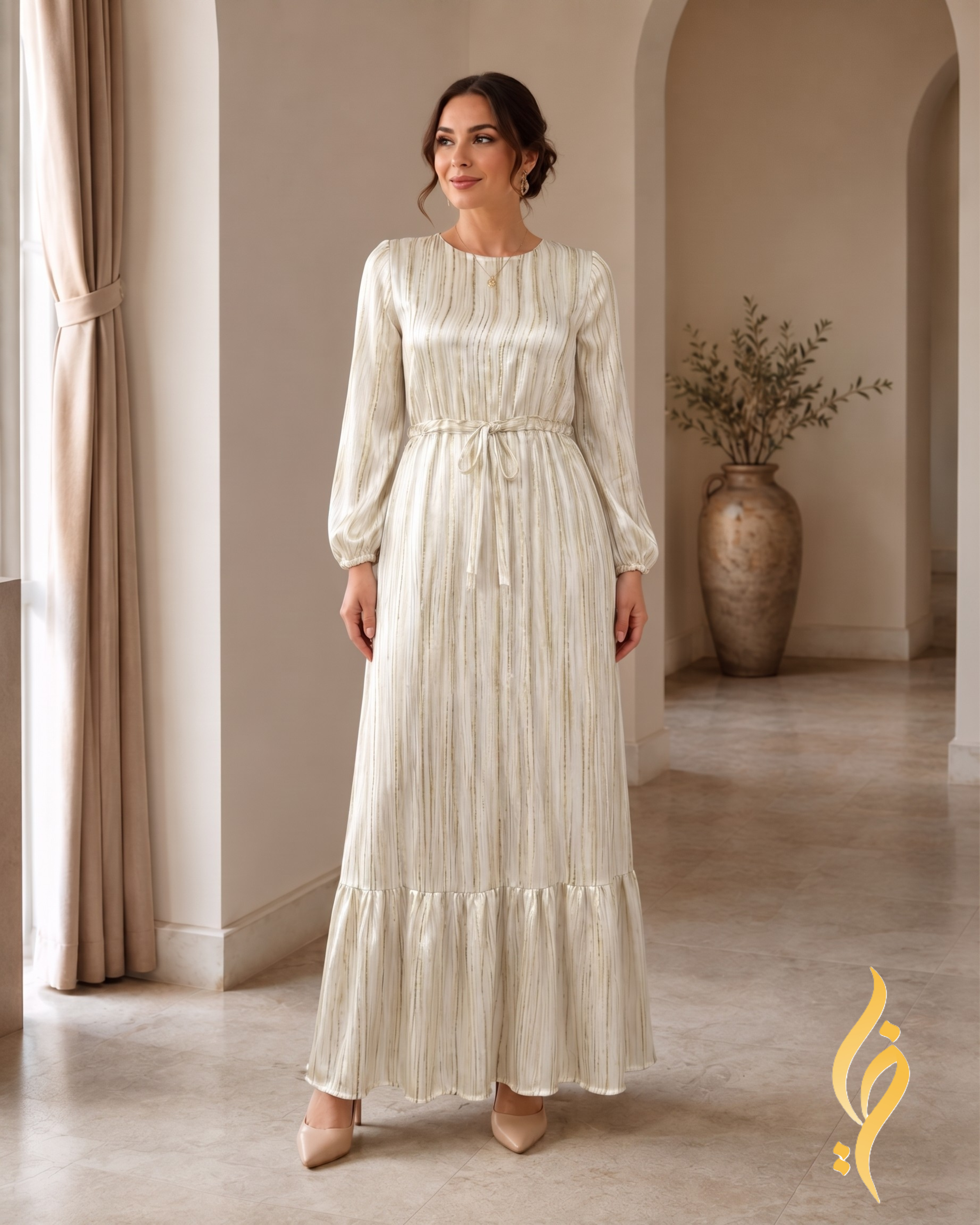 Ivory & Olive Striped Rayon Satin Maxi Dress