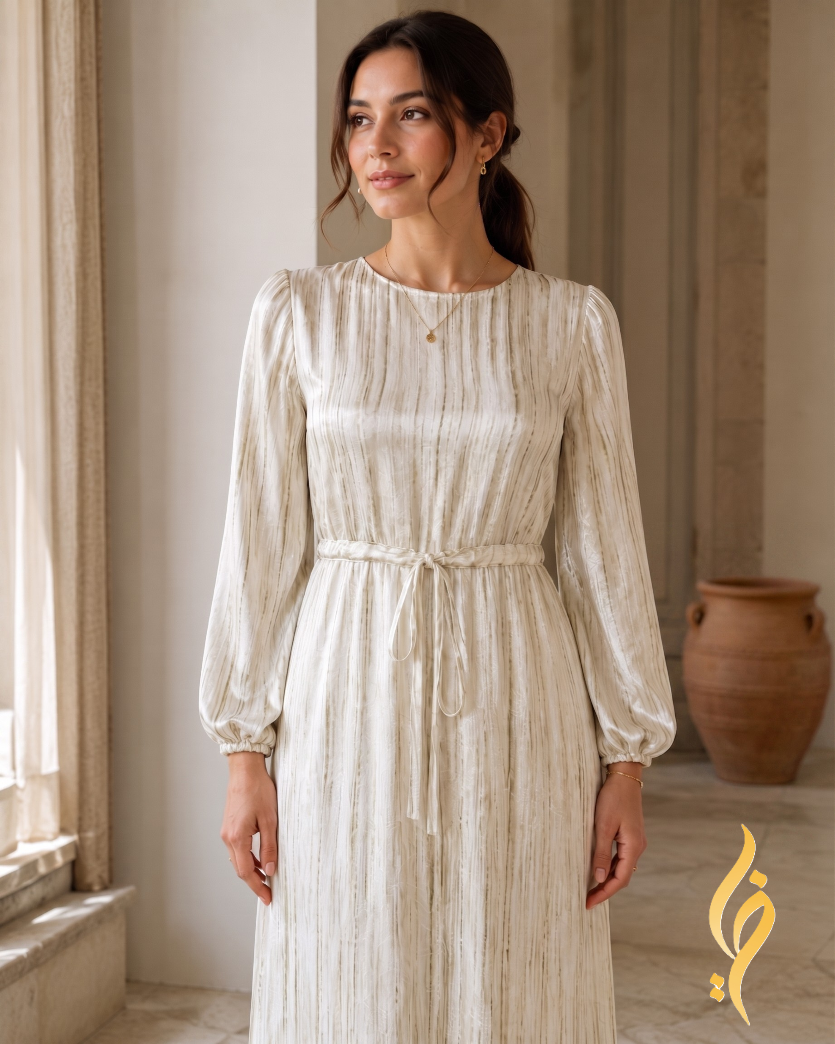Ivory & Olive Striped Rayon Satin Maxi Dress