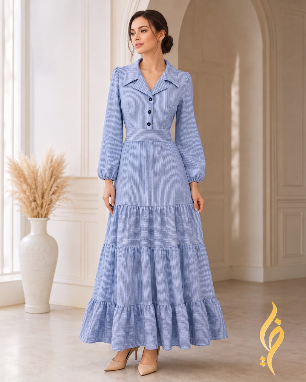 Sky Blue Striped Linen-Blend Tiered Maxi Dress