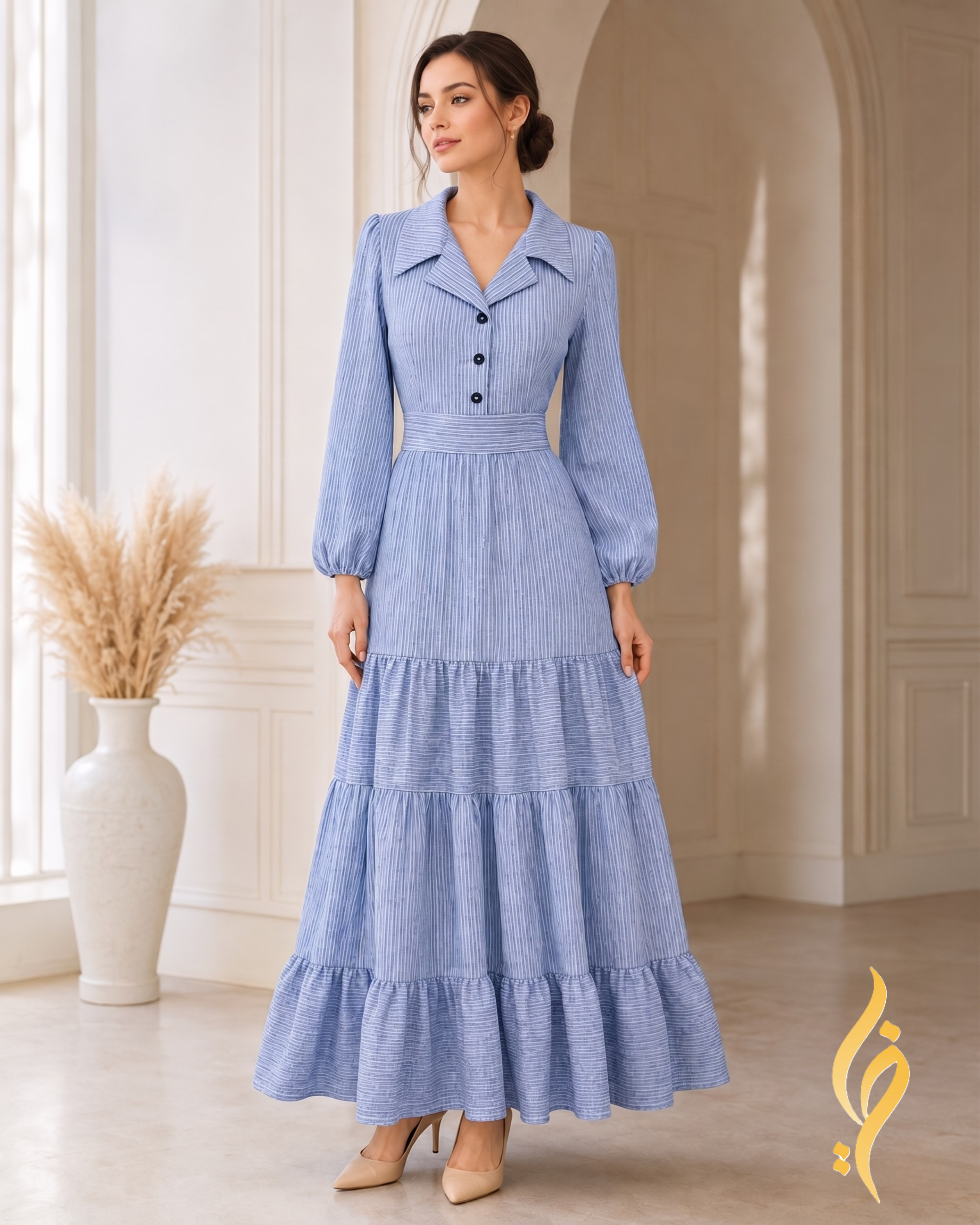 Sky Blue Striped Linen-Blend Tiered Maxi Dress