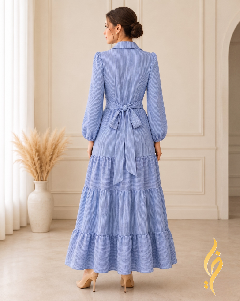 Sky Blue Striped Linen-Blend Tiered Maxi Dress