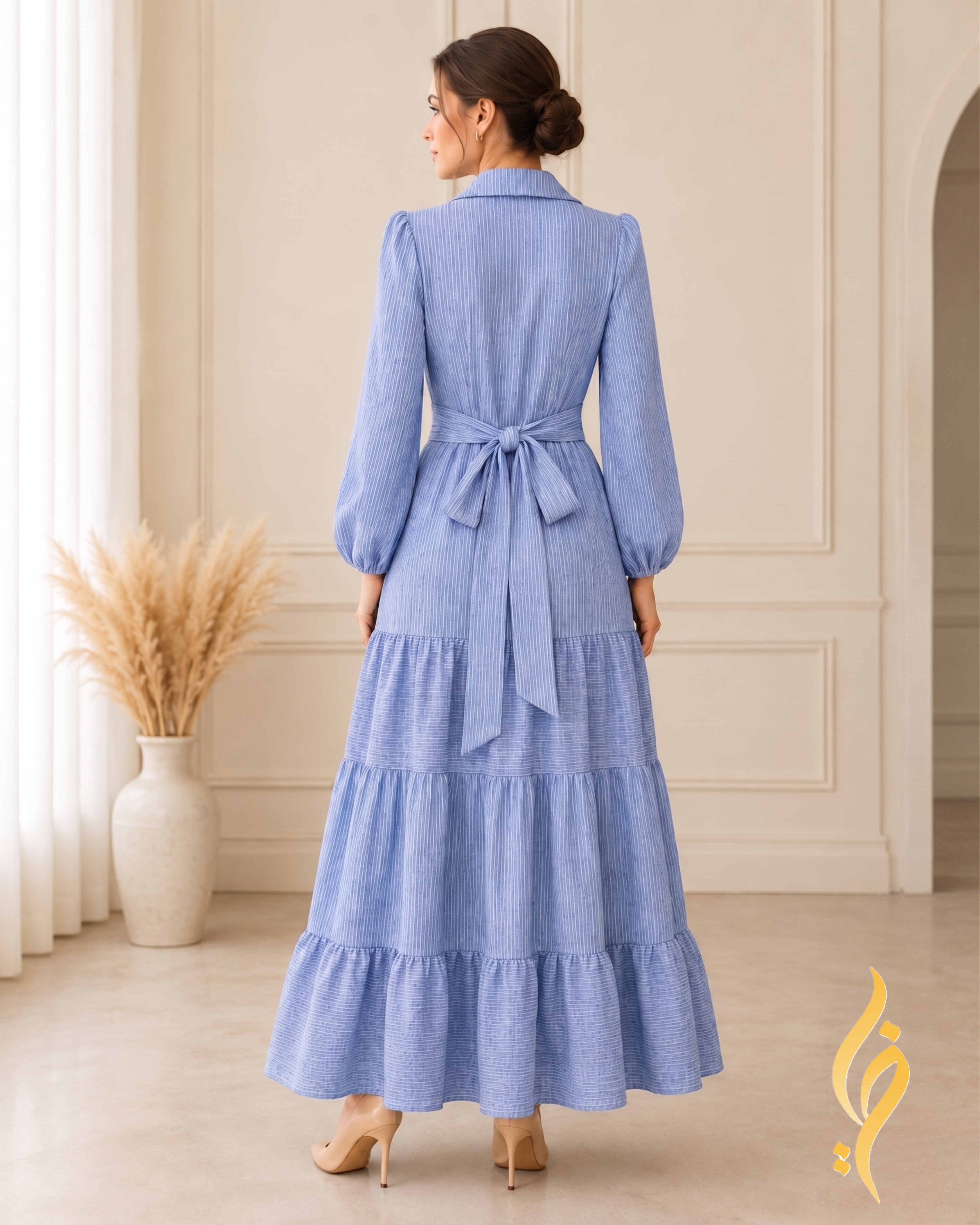 Sky Blue Striped Linen-Blend Tiered Maxi Dress
