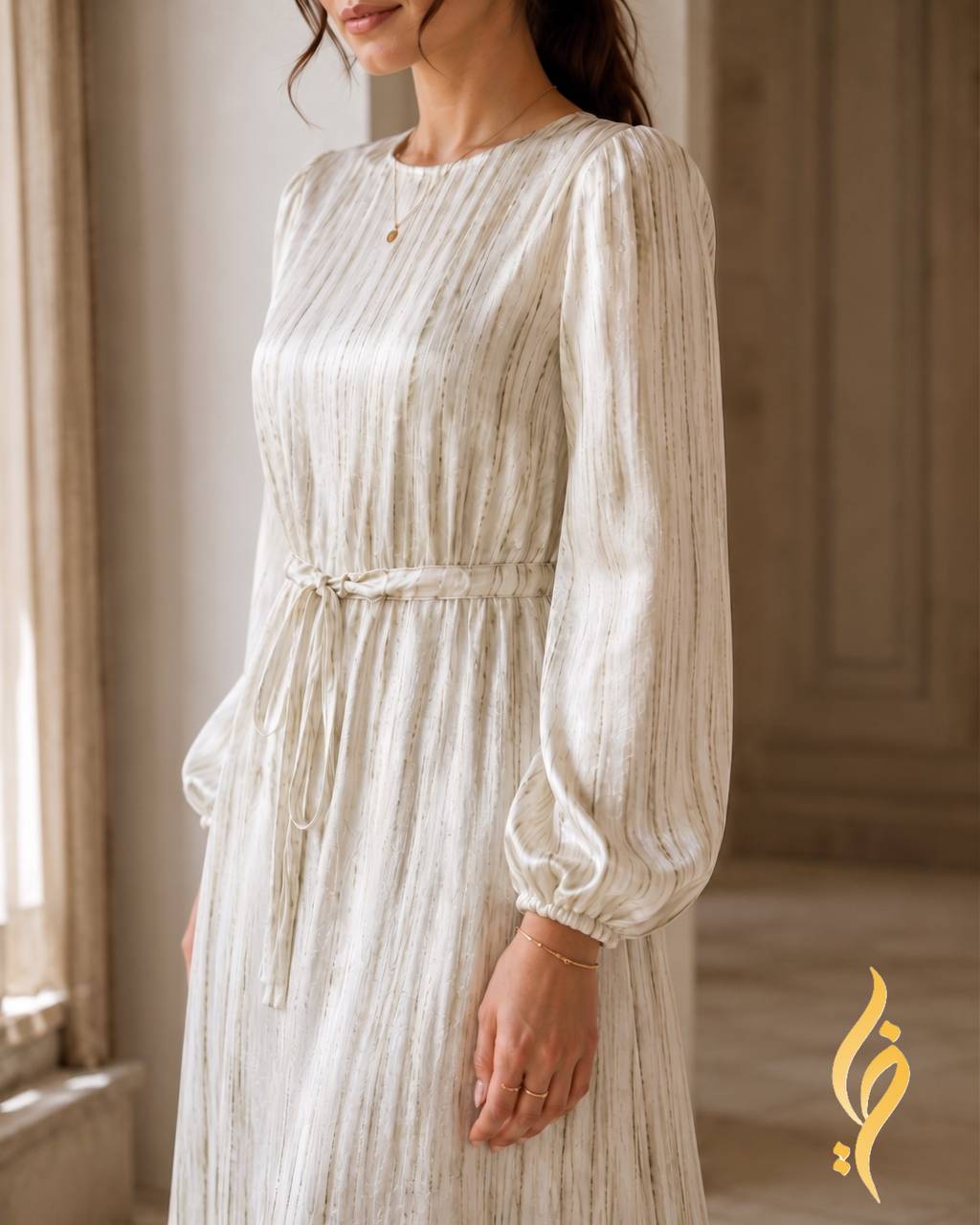 Ivory & Olive Striped Rayon Satin Maxi Dress